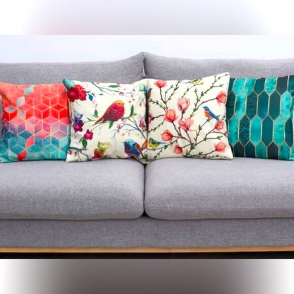 Set of 4 Pillow Covers 2 Bird and Floral Patterns and 2 Geometric Pattern - Picture 1 of 5